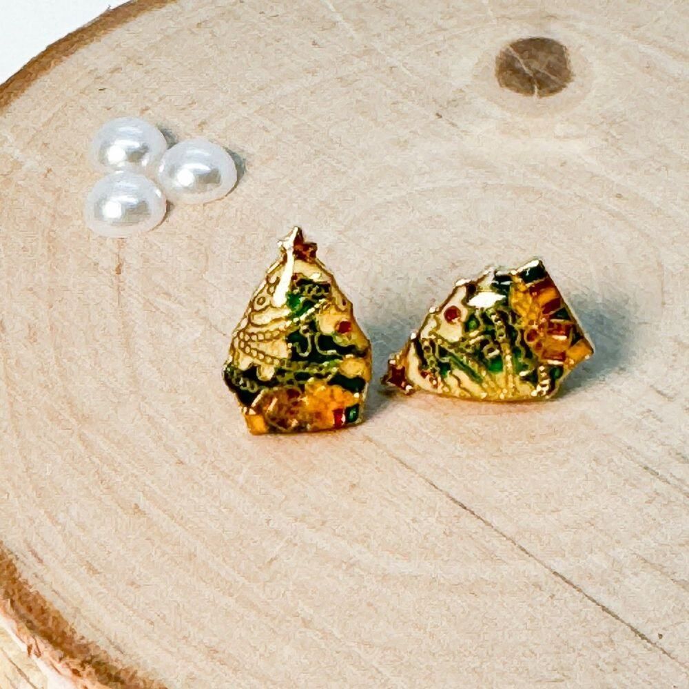 Delicate Christmas Tree Earrings Gold Green Red Holiday Celebrate Studs Simple 15$